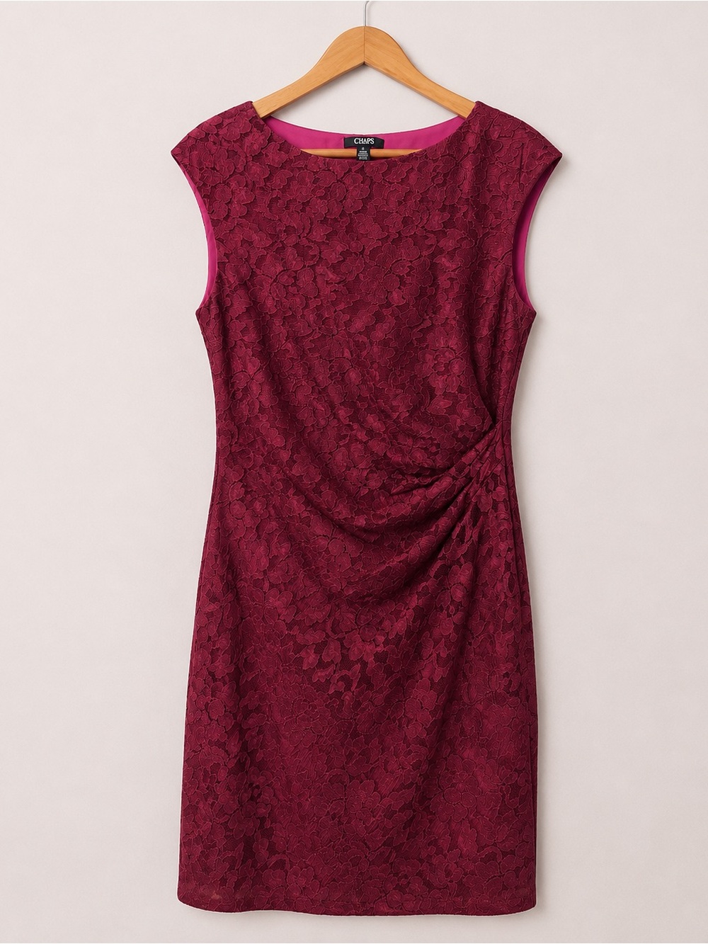 Chaps Burgundy Lace Sheath Dress Size 12 Cocktail Wedding Guest Stretch Gala